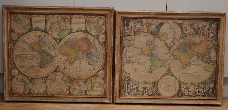 Two decorative maps comprising, after Matthew Seutter, double hemisphere world map and a similar example after G. Valk, 44 x 51cm. Condition - good